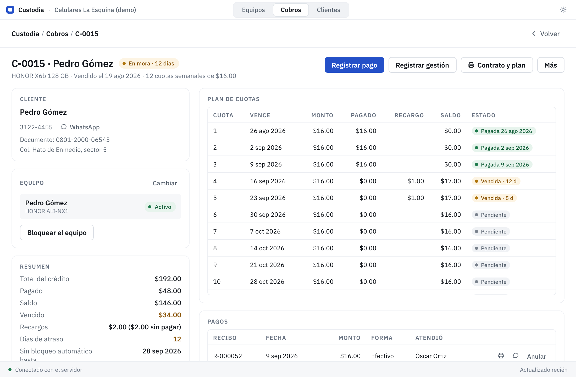 El detalle de un crédito en Custodia para Windows: cliente, plan de cuotas, pagos registrados y el teléfono vinculado.