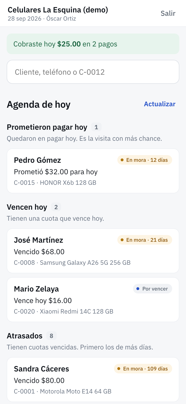 Custodia en el celular del cobrador: la agenda del día con los clientes que tiene que visitar.